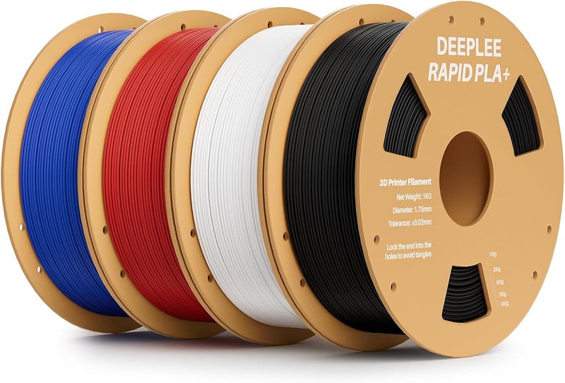 Deeplee Rapid PLA Plus Filament 1.75mm, High Speed 3D Printer Filament Up to 600mm/s, PLA+ Filament Dimensional Accuracy +/- 0.02 mm Fits Most FDM 3D Printer, 4 Pack 1kg Black & White & Red & Blue - Image 1